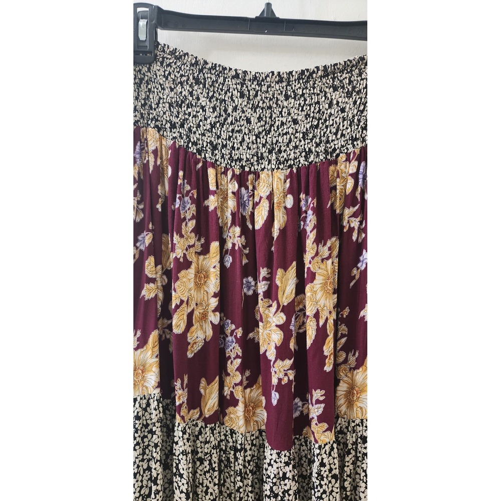 Natural Life Mixed Floral Tiered Maxi Skirt Boho Smocked Rayon Burgundy Medium - Picture 7 of 7